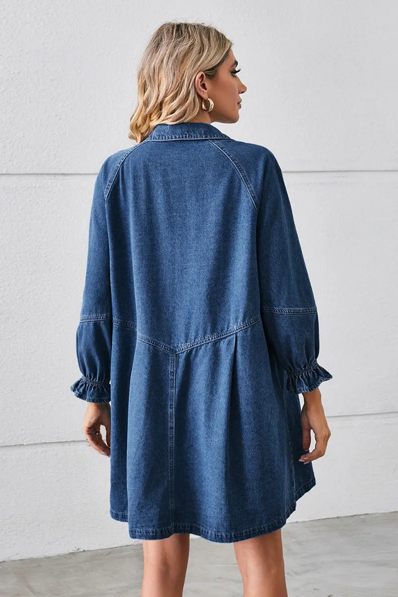 Casual Puff Sleeve Loose Fit Washed Denim Dress