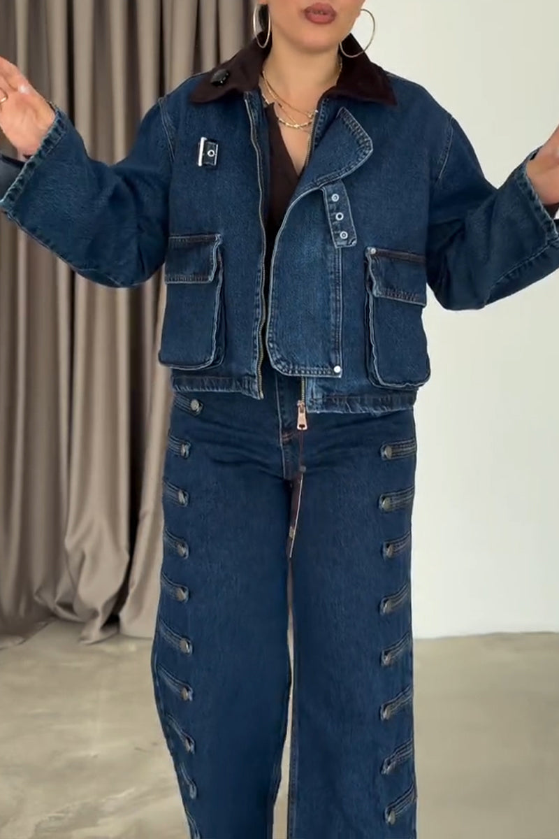 Women's Fashion Stand Collar Denim Jacket or Button Decoration Jeans