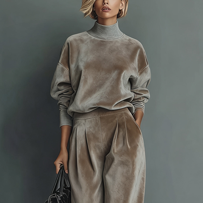 Velvet Cloud Oversized Co-ord Set: Luxe Turtleneck & Tailored Wide-Leg Pants