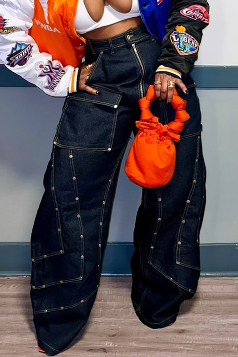 Women's Fashion Rivet Patchwork Cargo Wide Leg Jeans