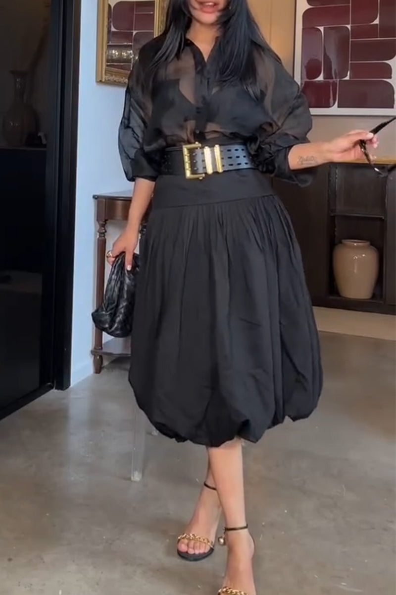 Women's Collar See Through Shirt+ Half Skirt Elegant Temperament Set