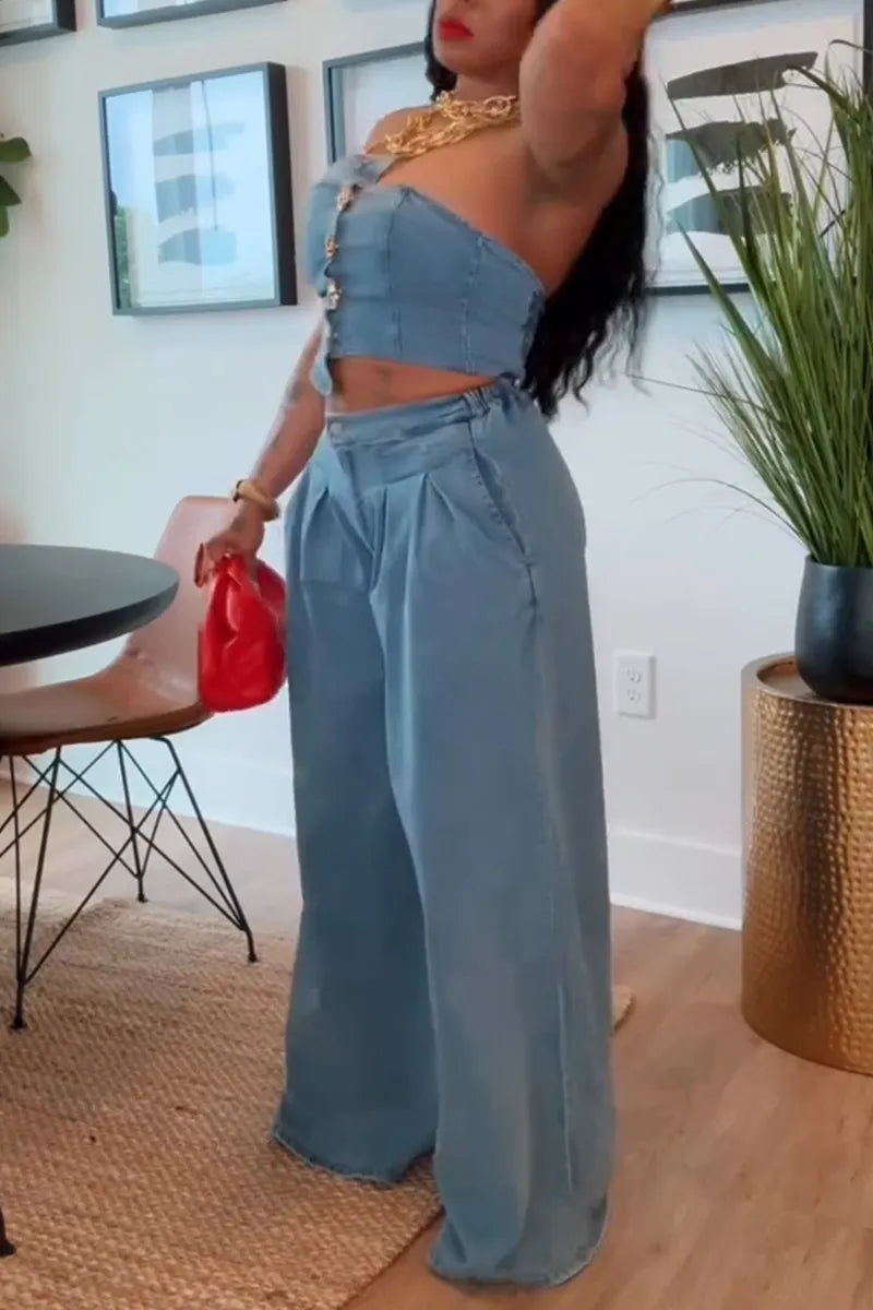 Women's Casual Button Trim Asymmetric Denim Bustier or Jeans