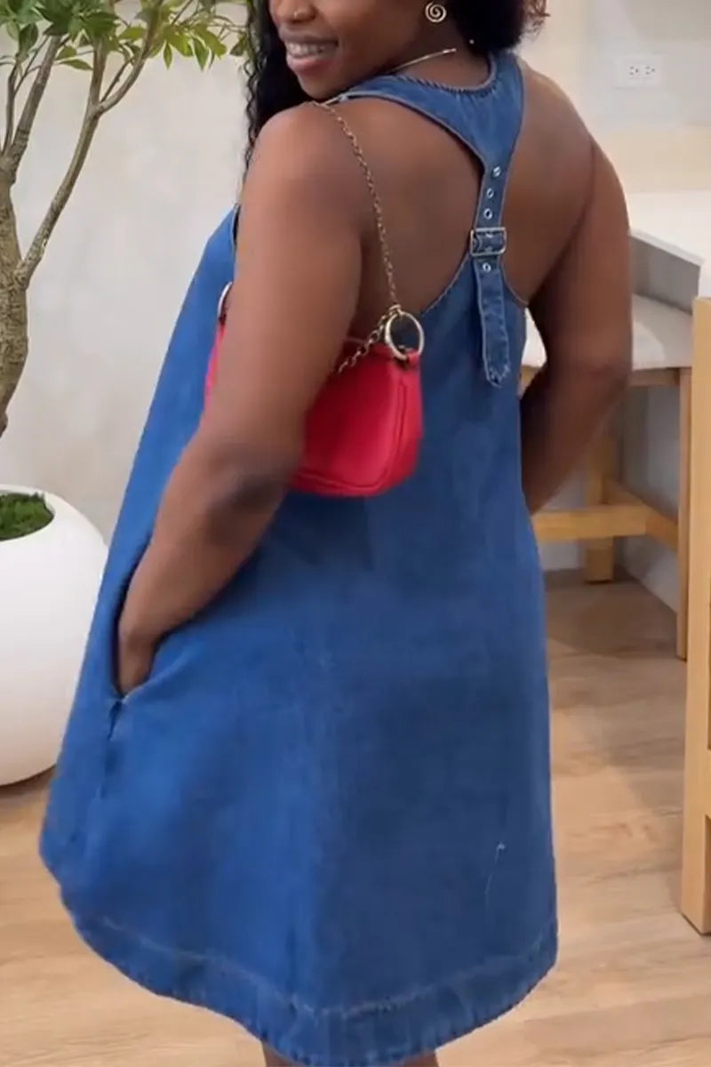 Women U-neck Sleeveless Casual Denim Dress