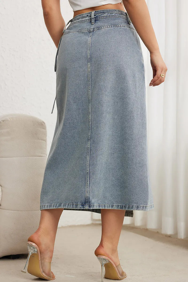 Classic Figure-Flattering Denim Skirt with Elegant Waist Tie