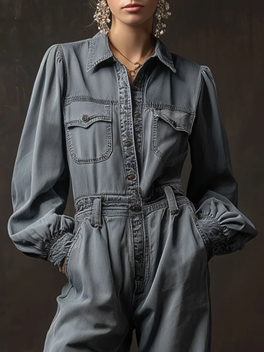 Casual Retro Gray-blue Denim Long-sleeved Ruffled Wide-leg Jumpsuit
