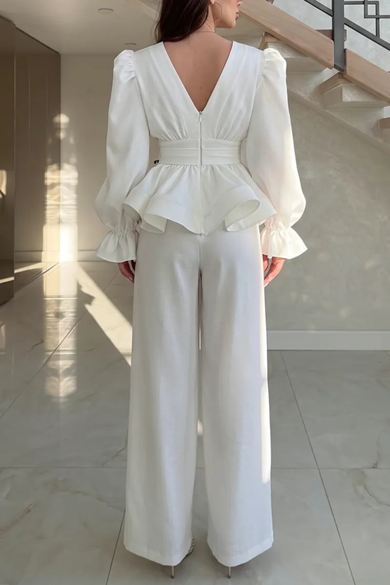 Women's Elegant Ruffle Hem Shirt Slit Pants Two-Piece Set