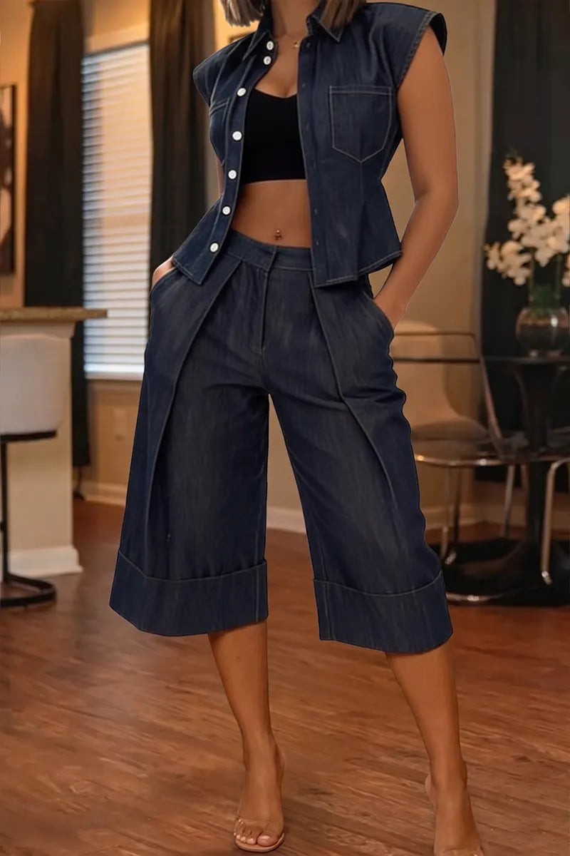 Women's Elegant Waist Cinching Denim Vest or Short Jeans