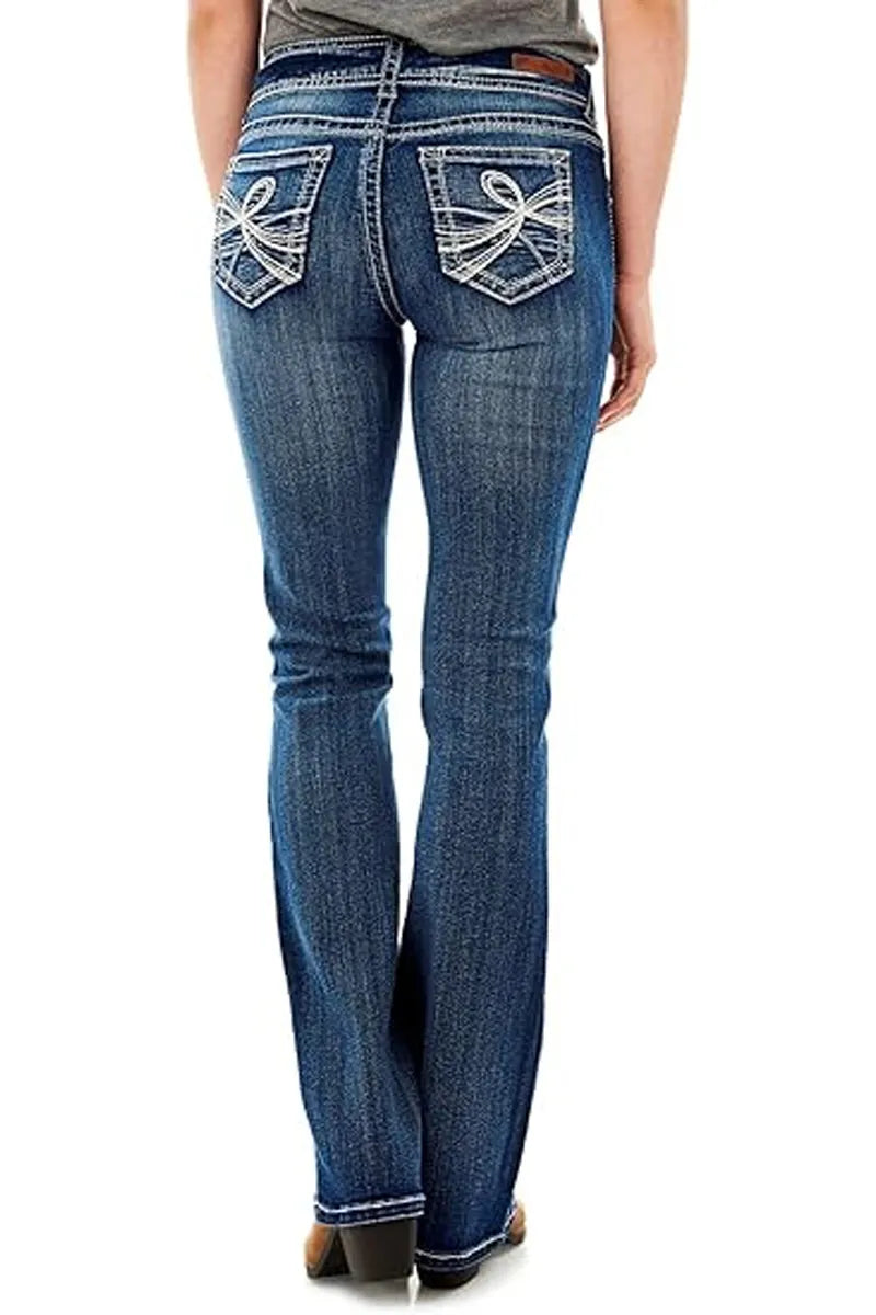Women Dark Blue Mid Rise Double Button Contrast White Stitch Slim Bootcut Denim Jeans