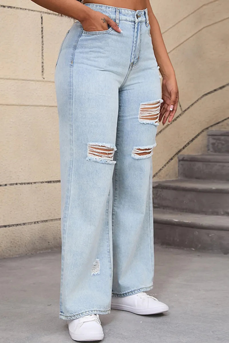 Fashion Mid Rise Wide Leg Flared Denim Jeans