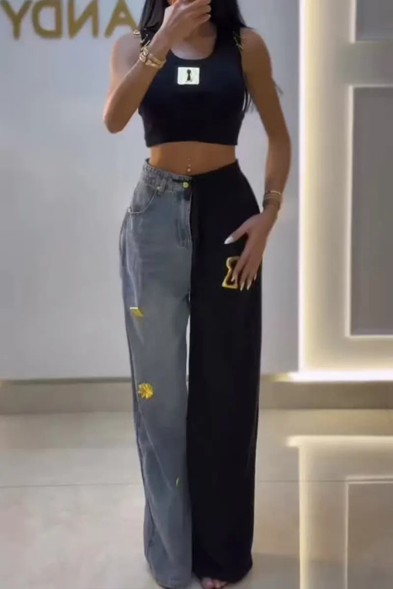 Women'sHalf Denim Half Black Contrast Sunflower Embroidery Wide Leg Pants Or Basic Sleeveless Figure Logo Crop Tank For Women