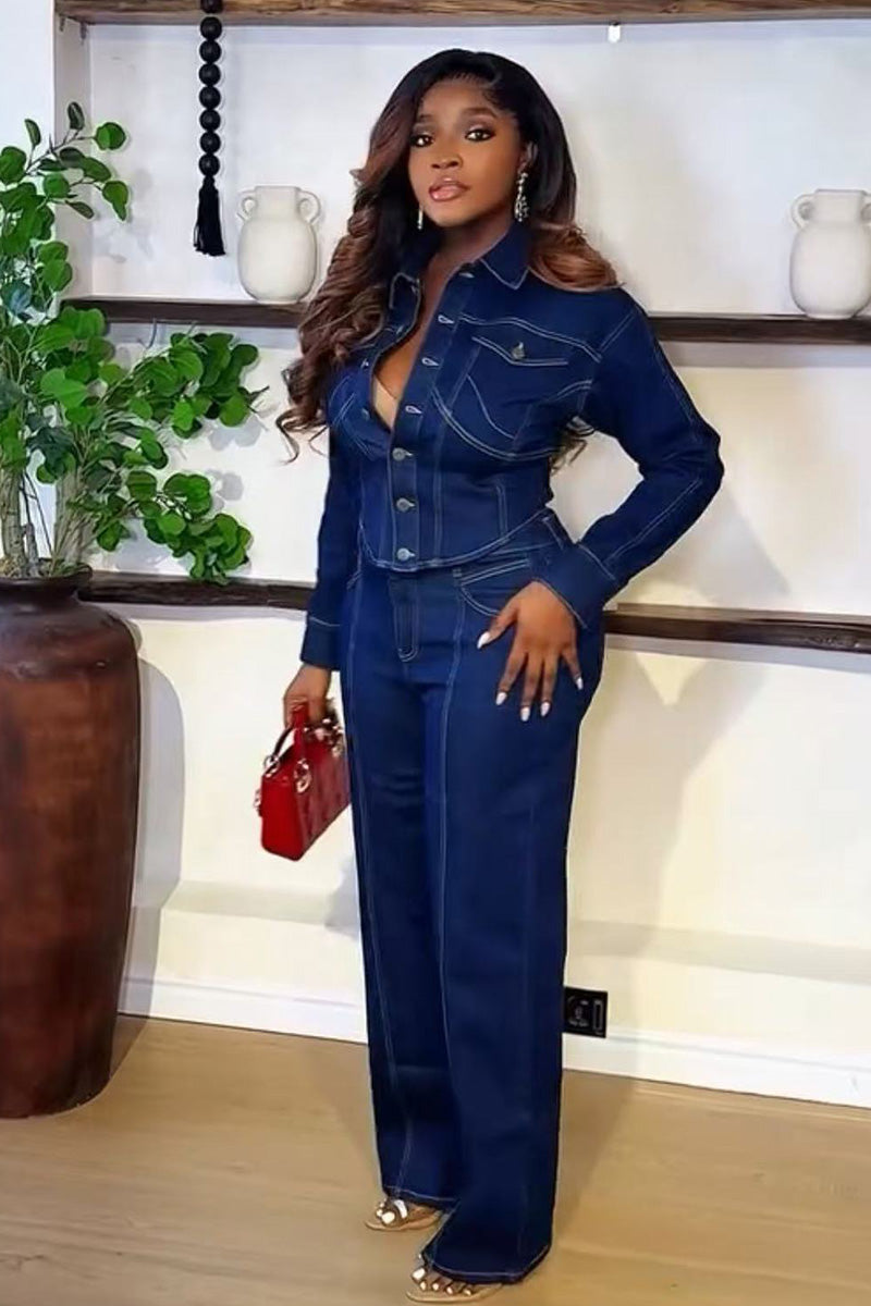 Women's Modern Long Sleeve Jacket + Wide Leg Jeans Two-Piece Set