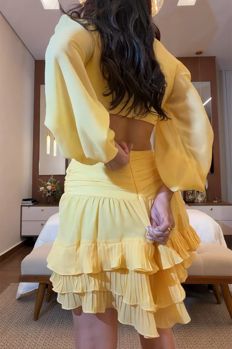 Women's Elegant Puff Sleeve Waist Cut-Out Tiered Hem Mini Dress