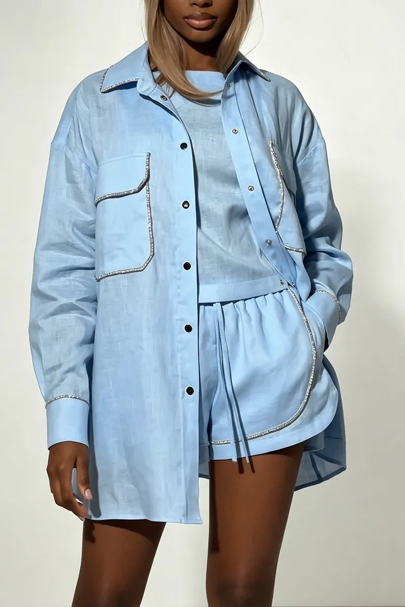 Women's Casual Vest Shorts Shirt Shiny Insert Trim Three-Piece Set