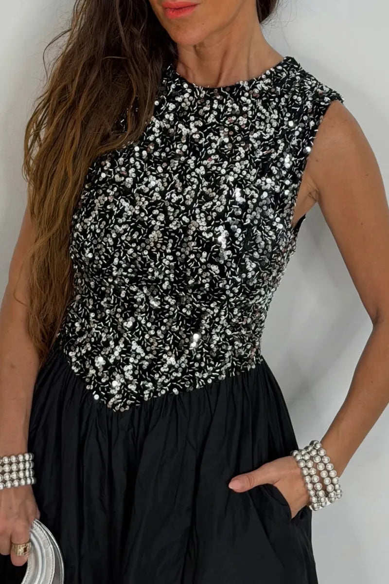 Women's Formal Evening Gown with Sparkly Sequin Top and Full Skirt