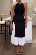 Women Round Neck Sleeveless Patchwork Pleated Elegant Temperament Midi Dresses