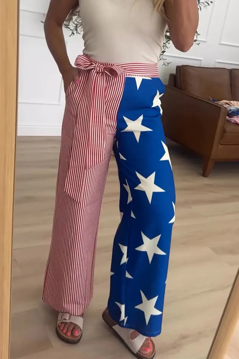 Women Casual Asymmetrical Printed Patchwork Wide Leg Pants