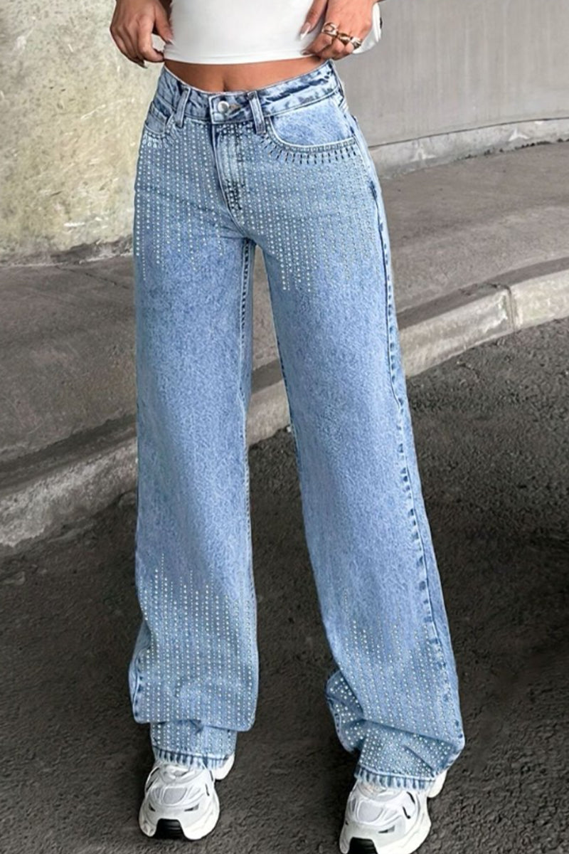 Women's Casual Rhinestone Wide Leg Jeans