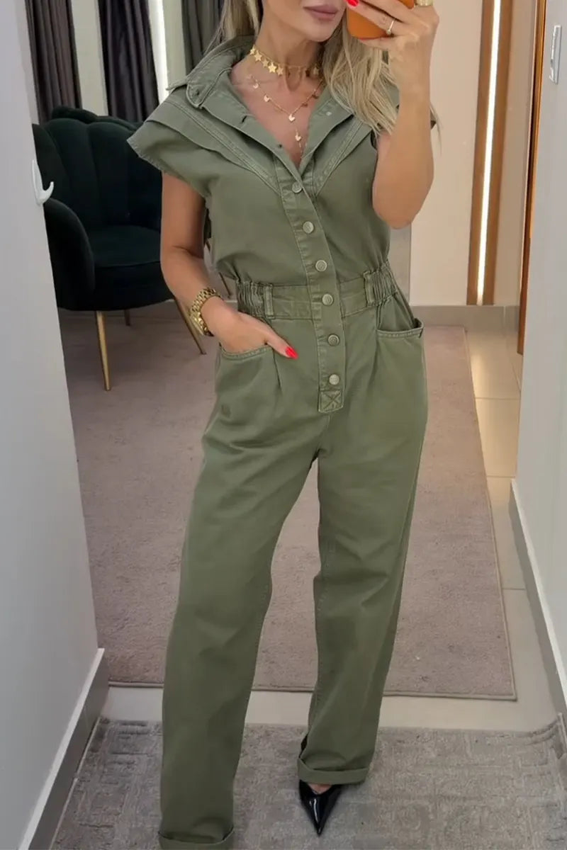 Women's Flip Collar Buckle Splicing Waist Cinching Casual Jumpsuit