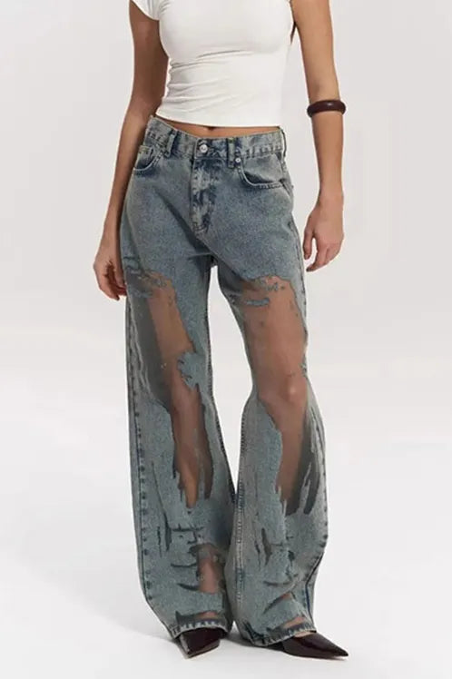 Women's Distressed Jeans With Sheer Cut Out Detail
