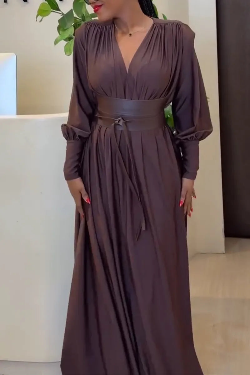 Women V-neck Waist Cinched Elegant Temperament Dress
