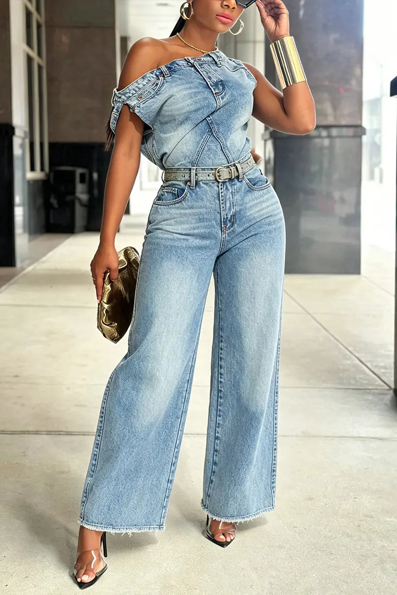 Women's Fashion One Shoulder Design Denim Top or Jeans