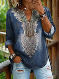 Women's Vintage Floral Print Casual V-neck Washed Cotton Denim Shirt