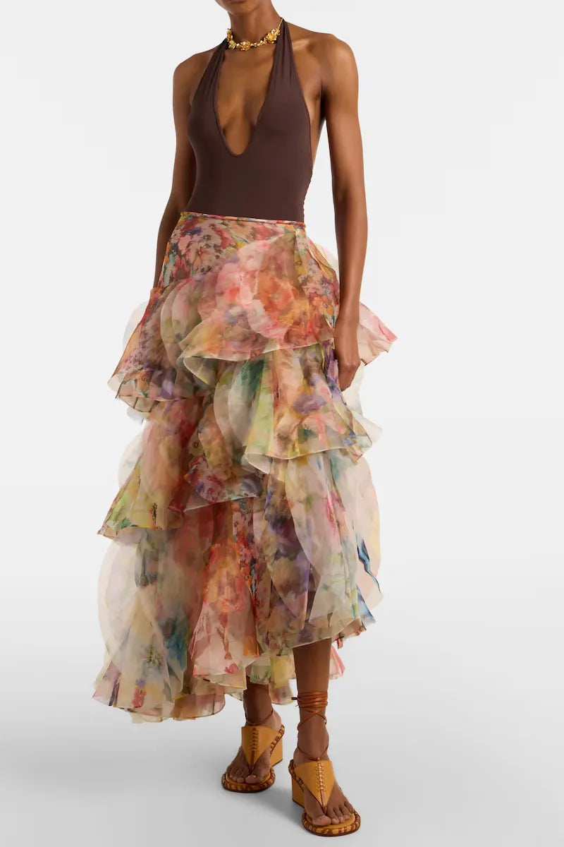 Women Watercolor Floral Print Organza Multi Layer Ruffle Asymmetrical Midi Skirt