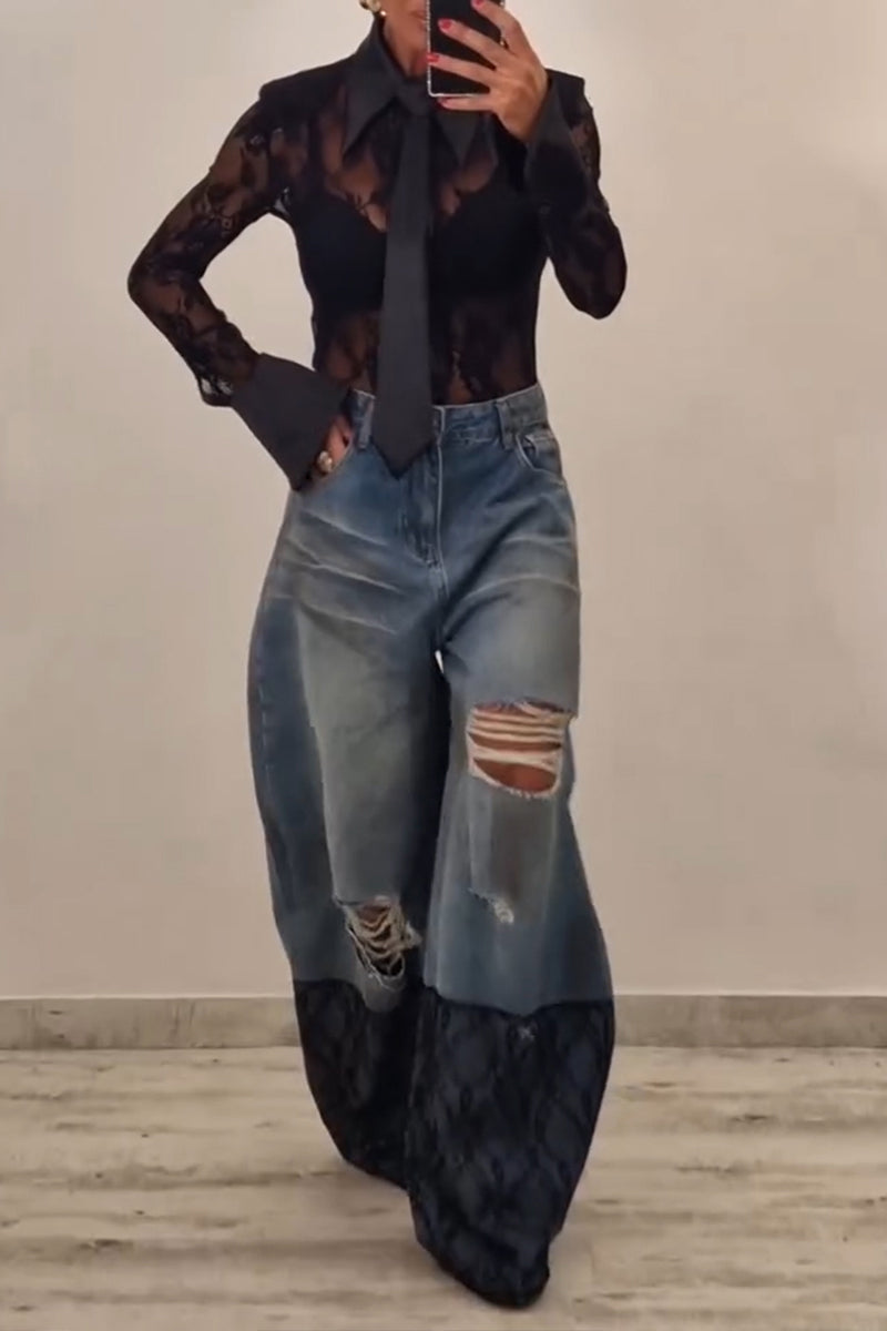 Women's Fashion Satin Patchwork Lace Bodysuit or Wide Leg Jeans