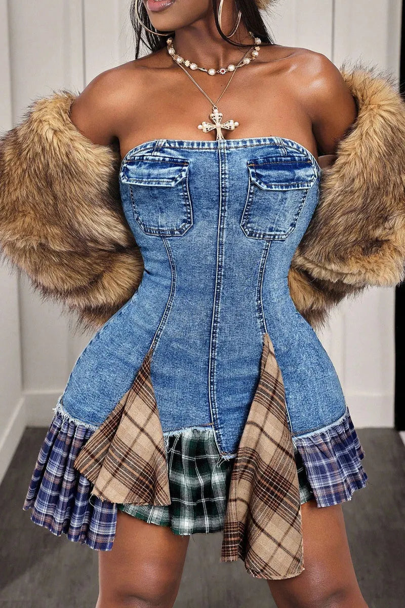 Women's Denim Plaid Patchwork Strapless Mini Dress