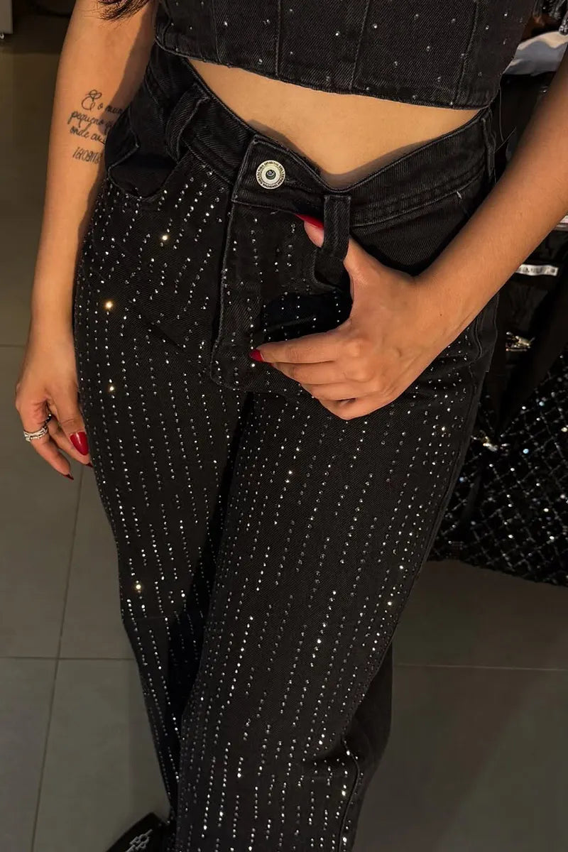 Women's Fashion Stripe Rhinestone Jeans