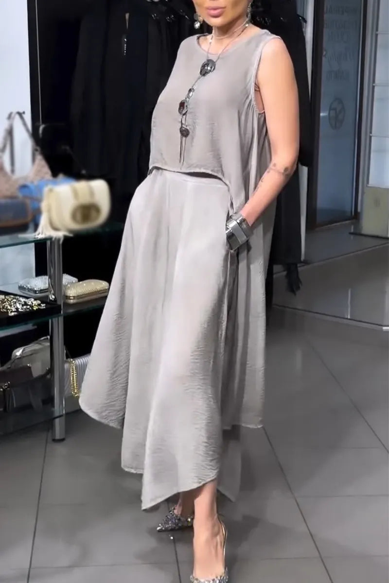 Women Round Neck Irregular Long Top+ Wide Leg Pants Loose Casual Suit