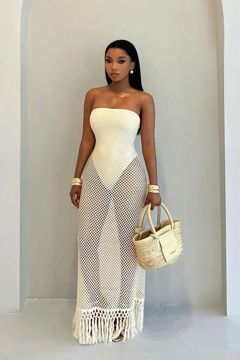 Women's Bandeau Sexy Sheer Lace Mesh Tassel Design Dress