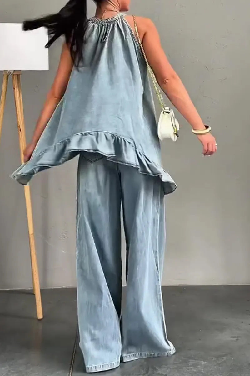 Women'sHalter Ruffle Asymmetrical Top Or Wide Leg Denim Pants