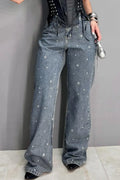 Women's Acid Wash Denim Pants with Eyelet Embellishments & Side Slit