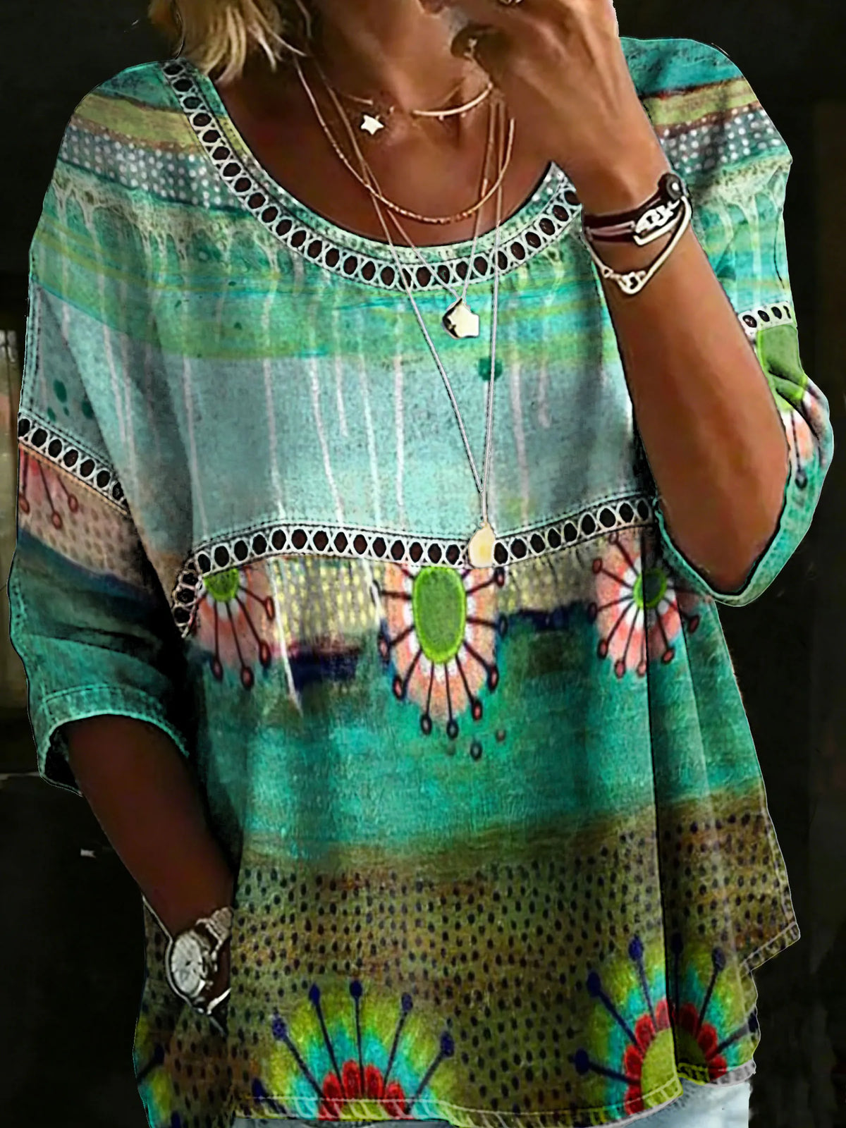 Women's Vintage Abstrct Casual Loose Denim Blouse Shirt