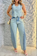 Women's Casual Color Block Denim Vest or Curved Jeans