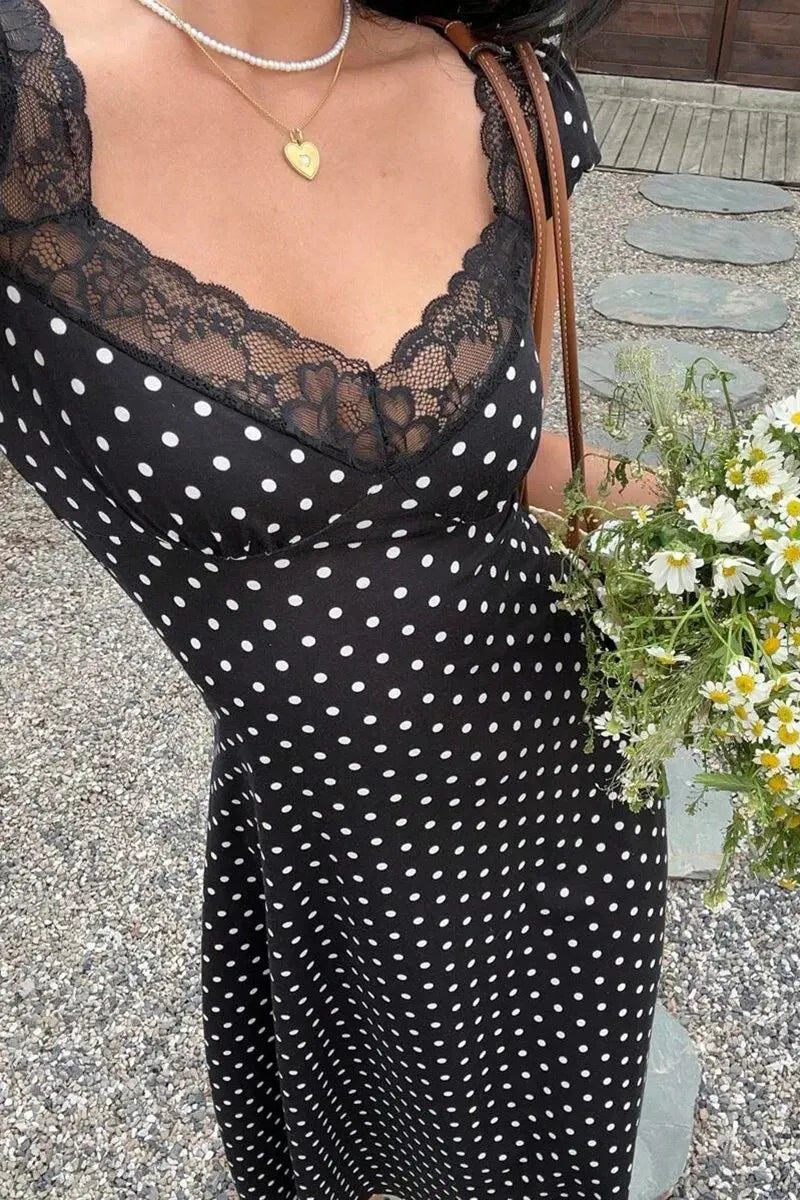Women's Elegant Lace Patchwork Collar Polka Dot Dress