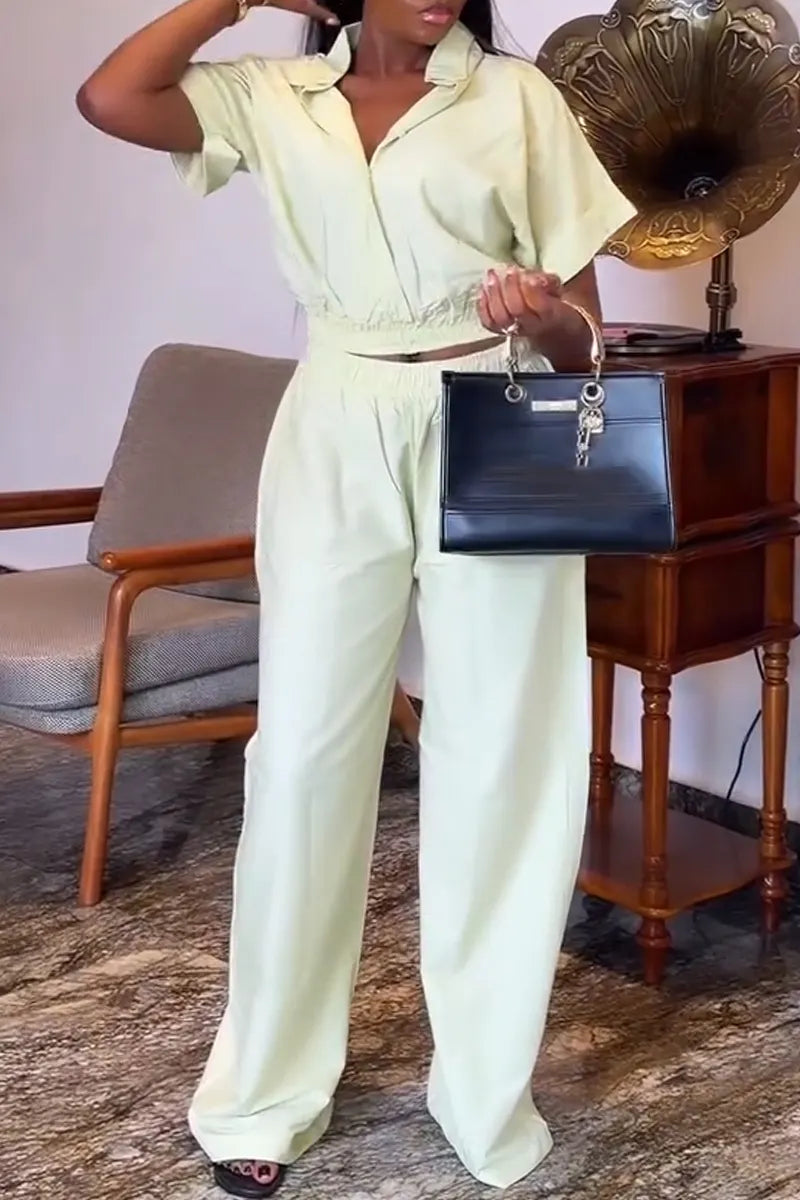 Women's Collar Top+ Pants Solid Color Casual Suit
