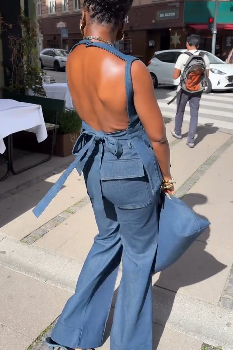 Women's Round Neck Back Hollow Strap Denim Top or Flared Jeans