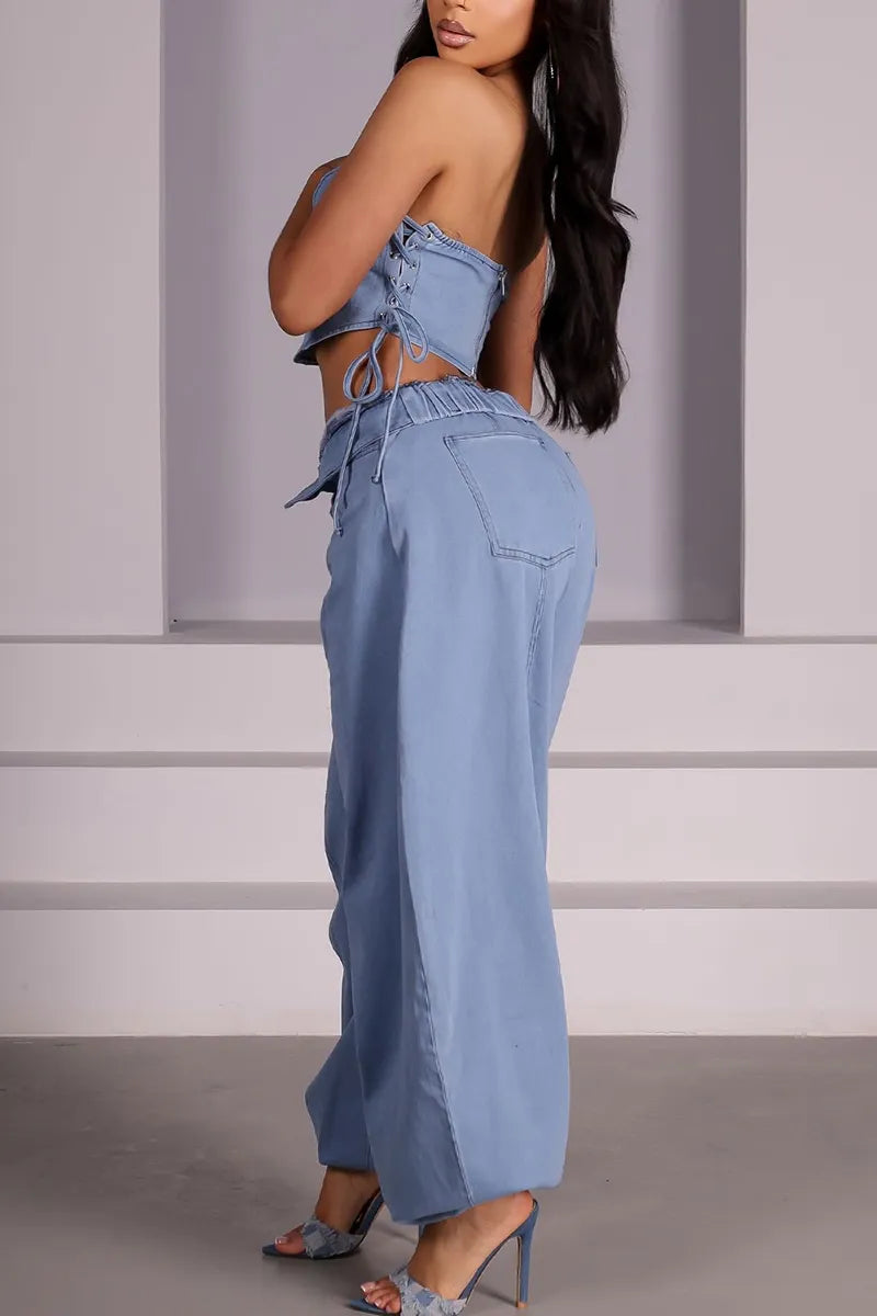 Women's Sleeveless Collar Zip Front Elastic Hem Denim Crop Top Or High Waist Gathered Wide Leg Pants