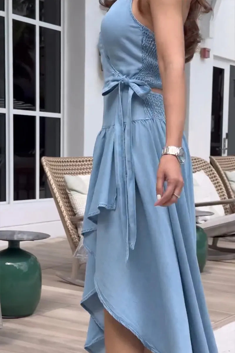 Women's Elegant V Neck Denim Vest + Asymmetric Hem Skirt Set
