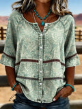 Women's Vintage Floral Print Casual Hollow-Out Denim Shirt