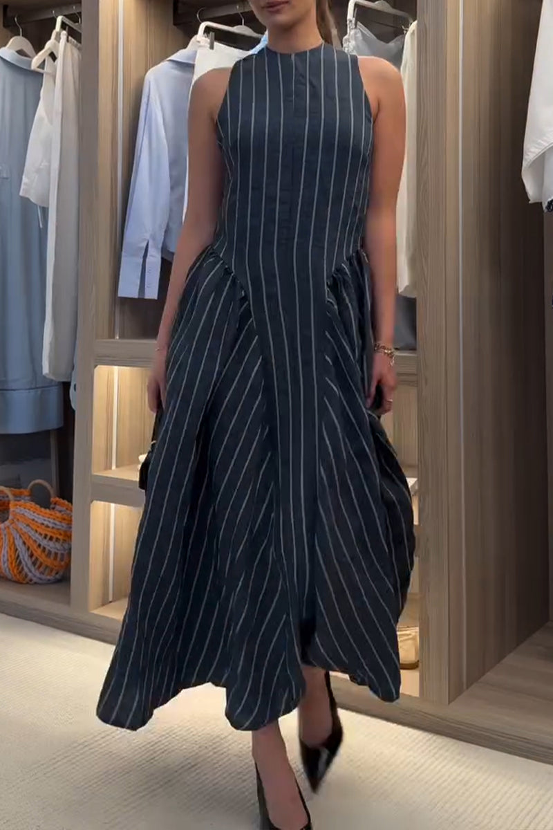 Women's Casual Side Pleated Stripe Maxi Dress
