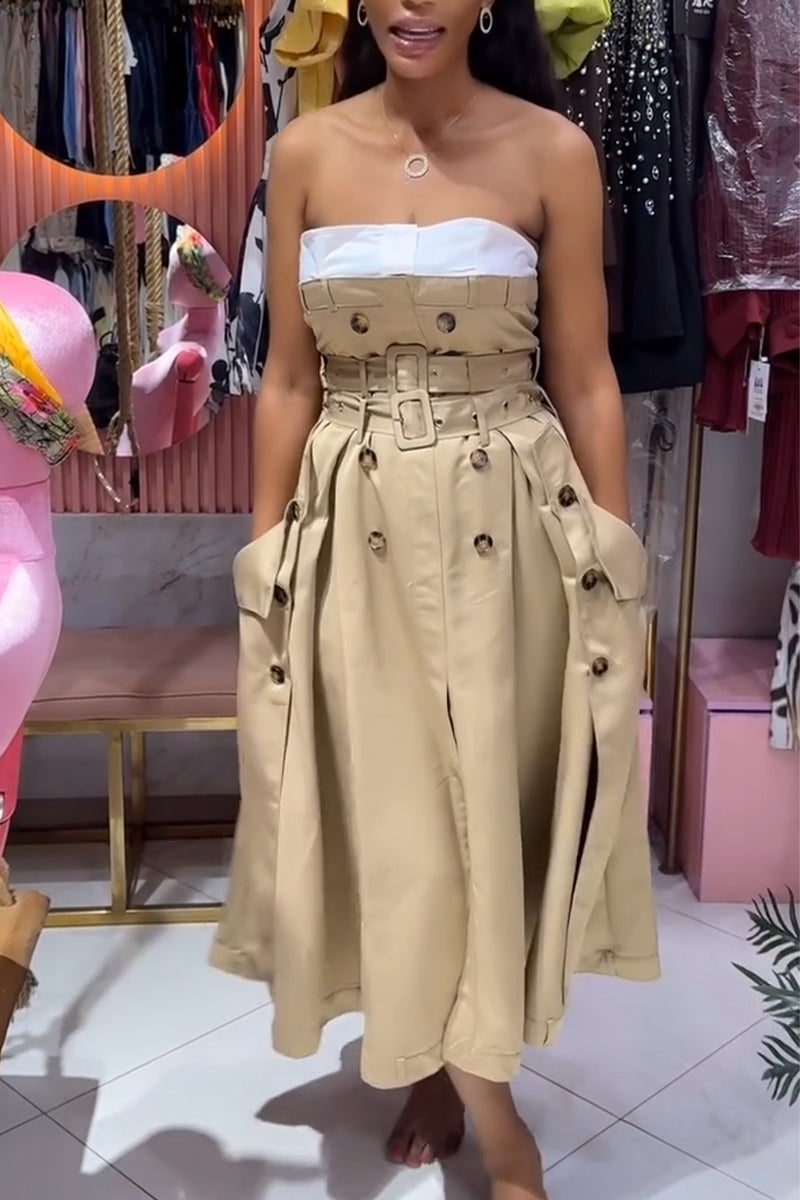 Women's Strapless Patchwork Double Breasted Elegant Temperament Dress