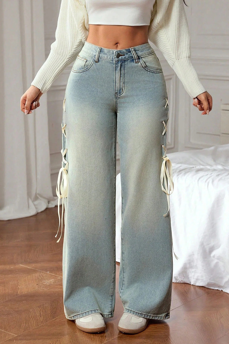 Women's Casual Ribbon-Accented Wide-Leg Jeans