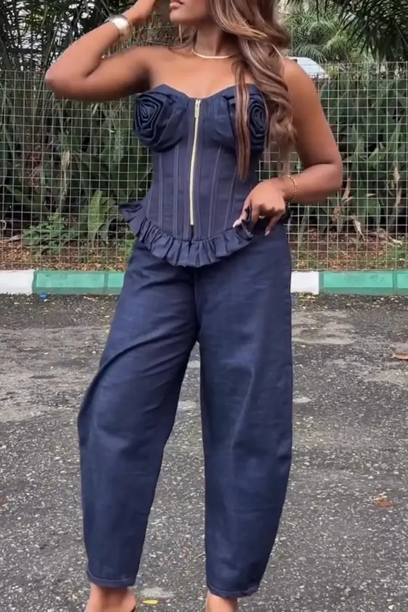 Women's Fashion 3D Floral Denim Bustier or Curved Cut Jeans