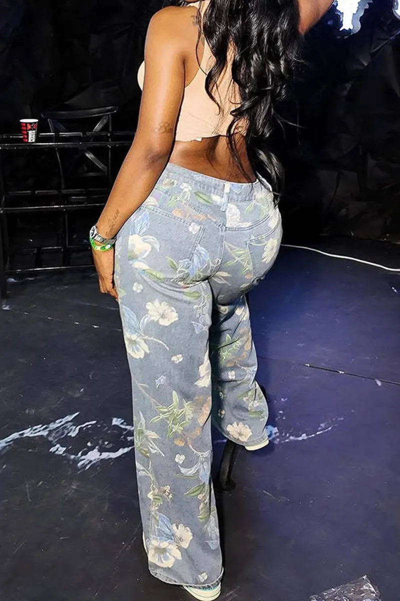 Women's Street Floral Graffiti Print Distressed Jeans