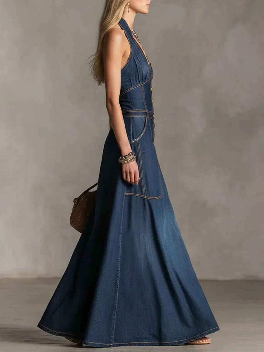 Stylish Slim Fit Sleeveless Denim Maxi Dress
