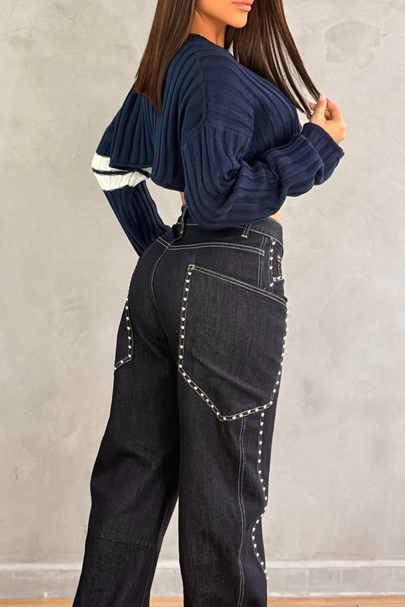 Women's Fashion Oversized Pocket Rivet Decoration Straight Jeans