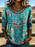 Women's Vintage Print Casual Hollow Denim Shirt